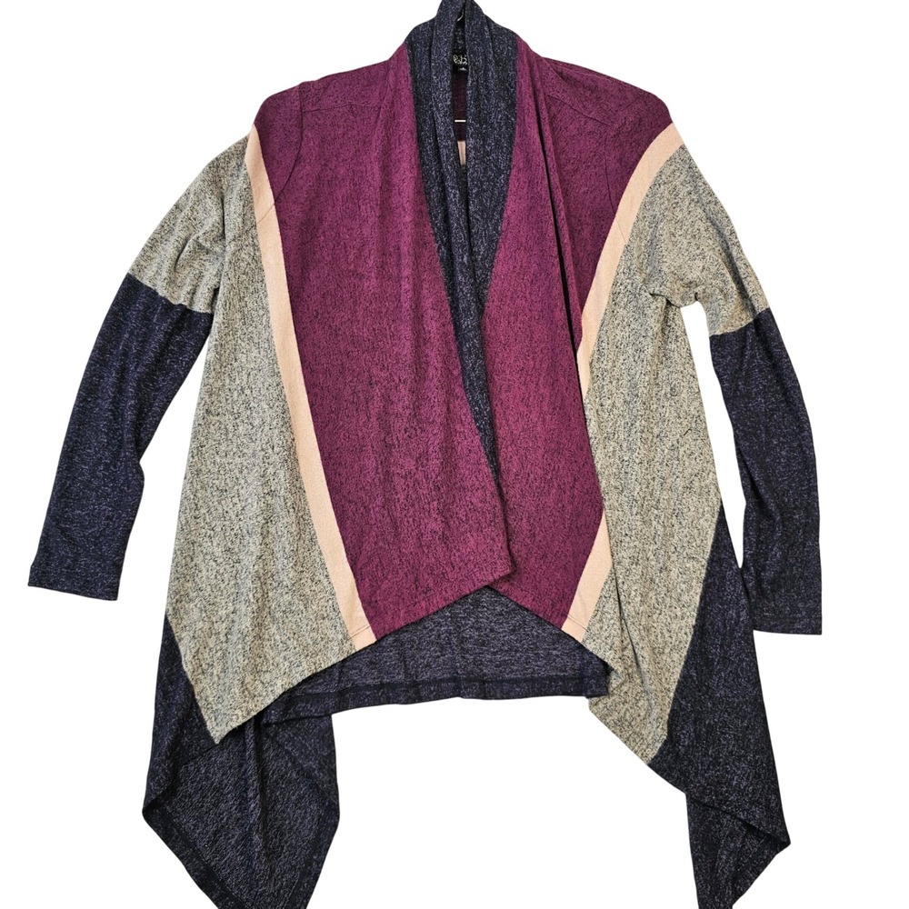 Bobeau Colorblock Open Front Cardigan Small Burgundy Grey Navy Draped Knit